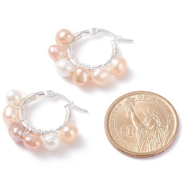 NWOT Natural Pearl Wire Wrapped Beaded Hoop Earrings Silver Seashell Color 2/$20 - Picture 4 of 4